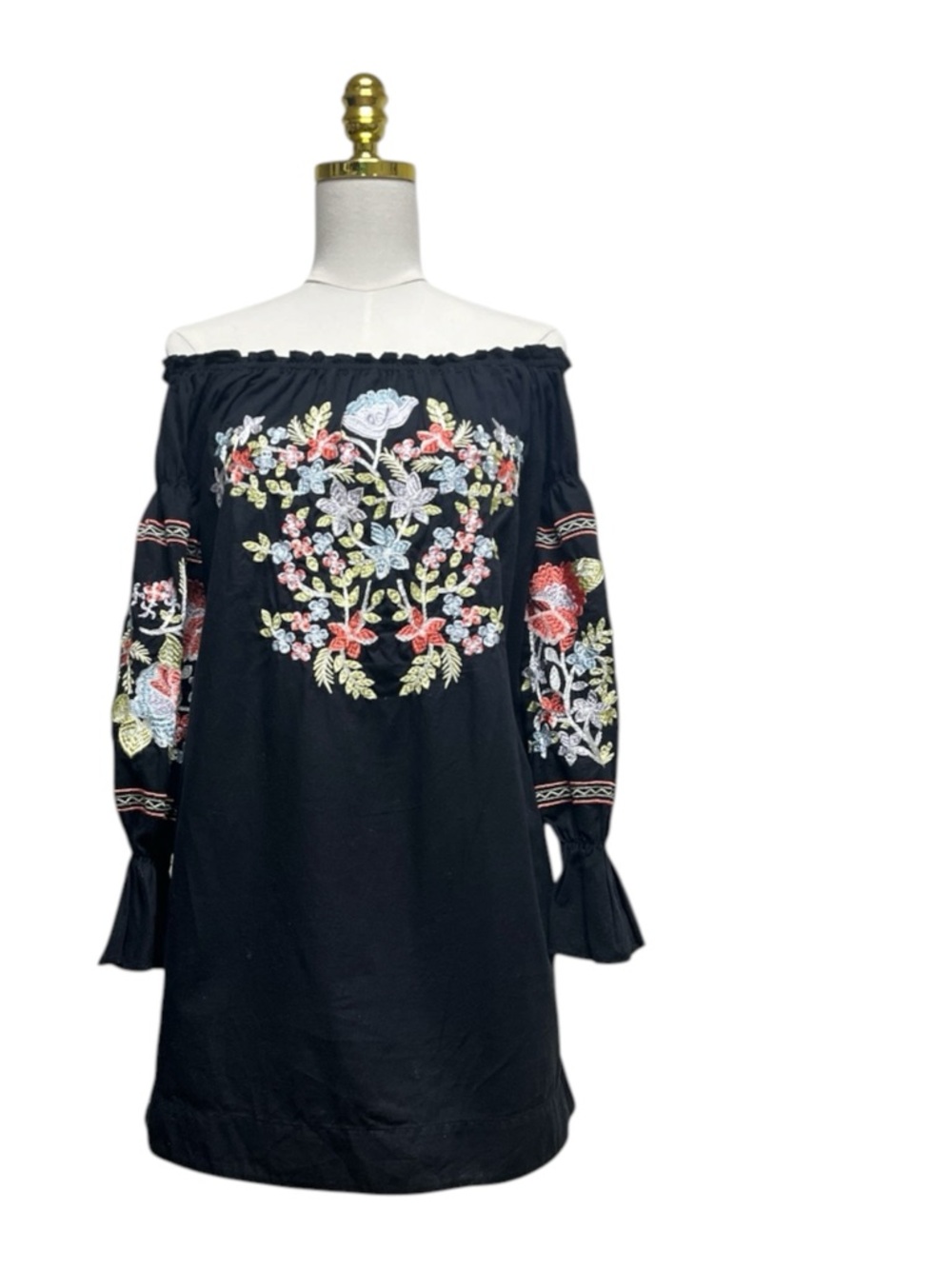 Free People off-the shoulders Embroidered Boho Women’s Black Mini Dress Size XS